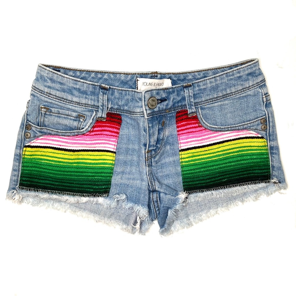 YOUNG & FADED Serape Detail Denim Cut Off Shorts